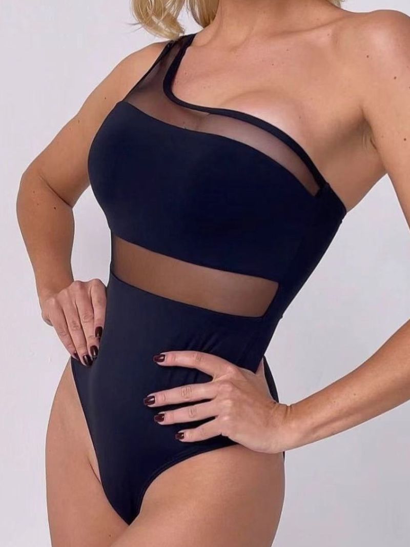Maillot de bain une pièce sexy en maille ajourée à une épaule de couleur unie_voghion.com