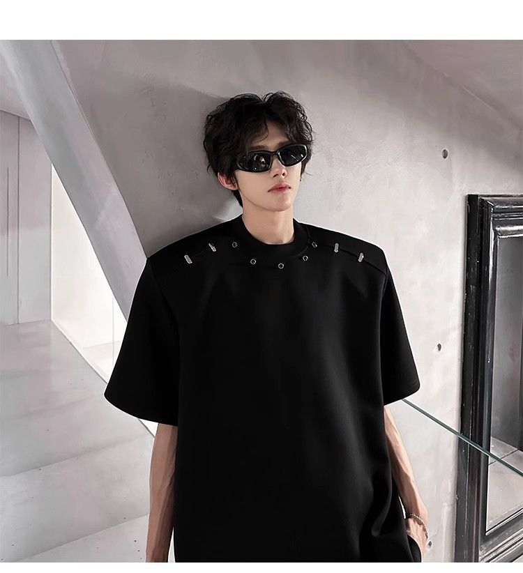 American High Street Short T-Shirt For Men Summer Trendy Loose Fit High-End Feel Padded Shoulder Versatile Five-Quarter_voghion.com