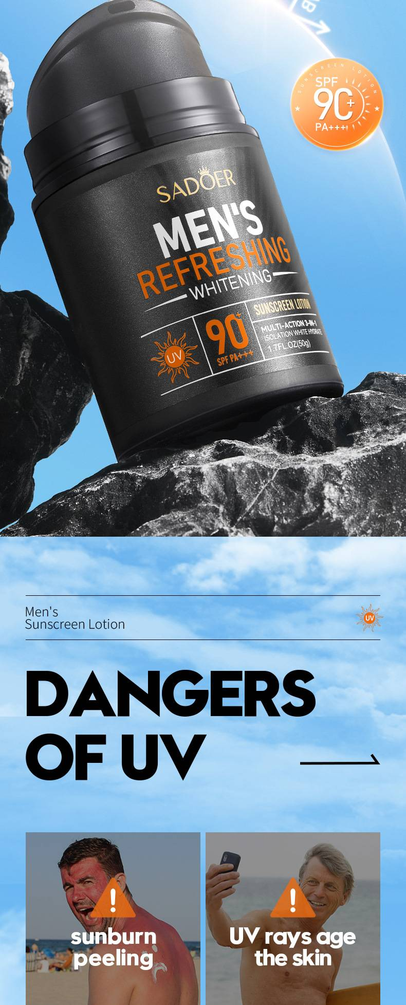 SPF 90 Sunscreen for Men, Men's Refreshing Sunscreen, Sunscreen Lotion, Mineral Oil Sunscreen for Summer_voghion.com
