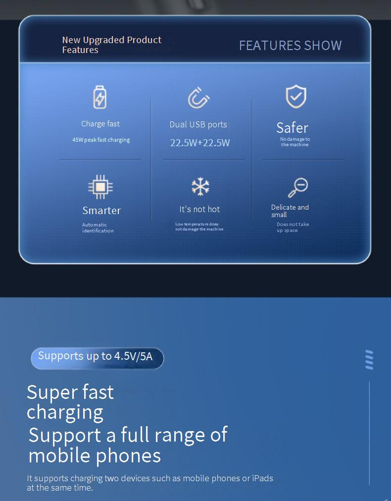 45W Car Charger, Dual USB QC3.0 Fast Charger Adapter With Titanium Emergency Window Breaker For IPhone Android Smartphones_voghion.com