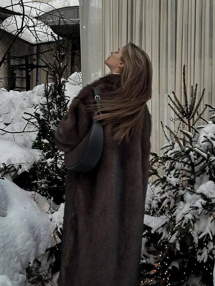 Luxury Long Faux Fox Fur Coat Women's Winter Elegant Overcoat - Ankle-Length Plush Outerwear In Rich Brown (S, M, L, XL, XXL)_voghion.com