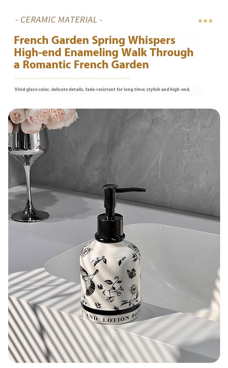 Dispenser per lozione in ceramica vintage - Design con uccellini floreali in bianco e nero (420 ml, finitura opaca, arredamento per hotel e casa)_voghion.com