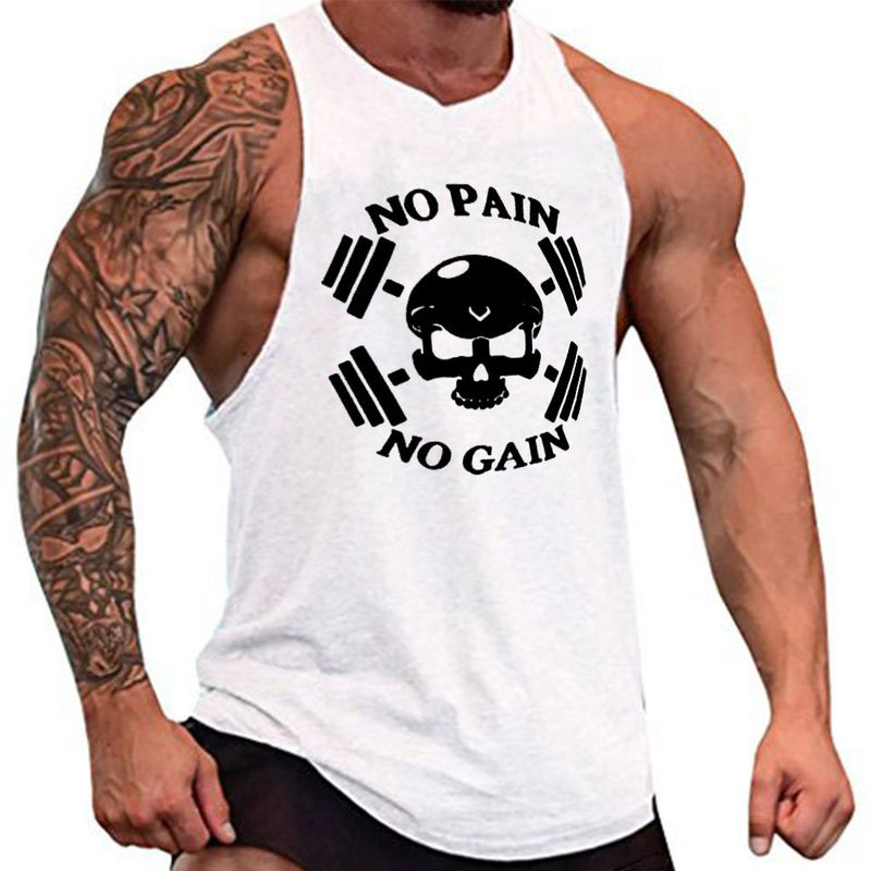 Erkek Kafatası Baskılı İpli Fitness Slim Fit Bol Kolsuz Gömlek Spor Salonu Atlet_voghion.com