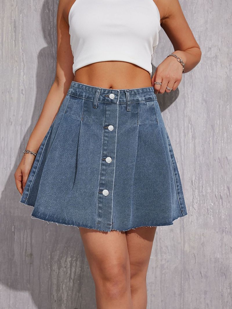 Gonna corta in denim plissettata, dolce, fresca e piccante per donna, che snellisce la vita, in stile college_voghion.com