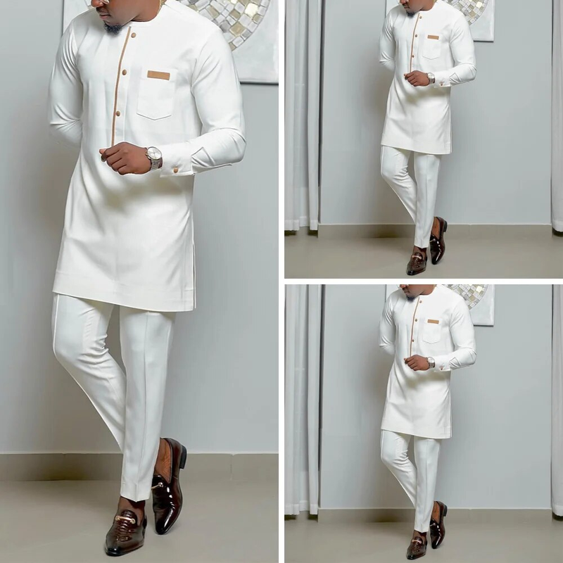 Kaftan Elegant Afrikansk Sett 2-delt Antrekk Langermede Etniske Topper og Bukser Full Herredress Bryllup Herreklær_voghion.com
