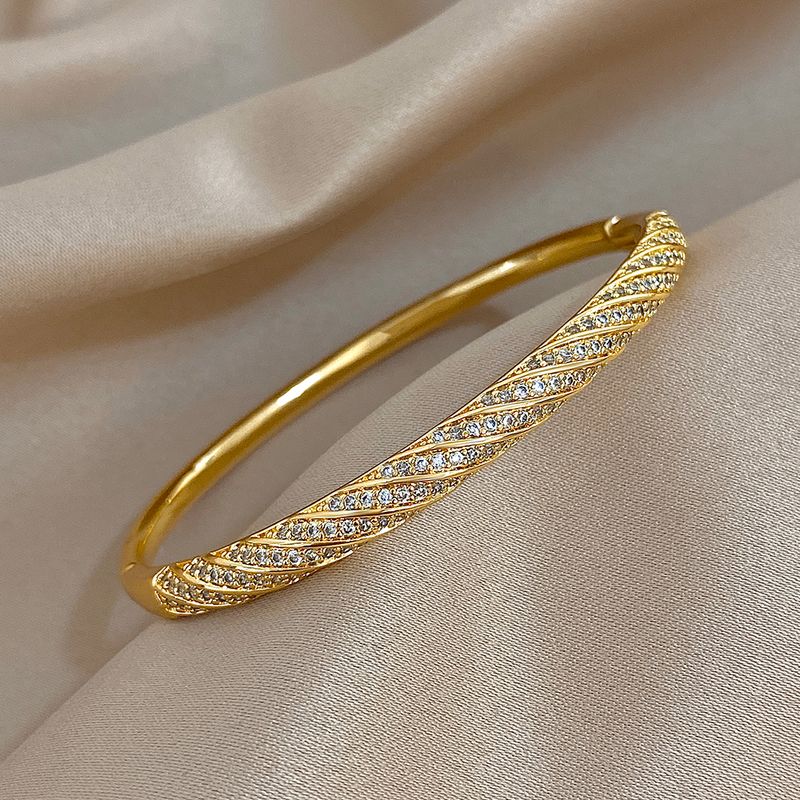 Luxury Twisted Micro Inlaid Zircon Cuff Bracelets For Women Fashion Gold Plated Copper Stacked Bangle Bracelet Jewelry Gifts_voghion.com