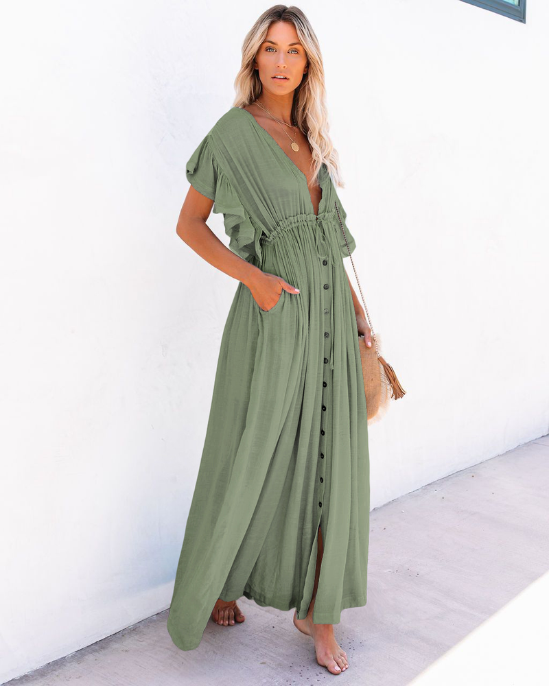nuovo stile copricostume da spiaggia in tessuto di bambù con bottoni, corda in vita, gonna lunga, camicia di protezione solare_voghion.com