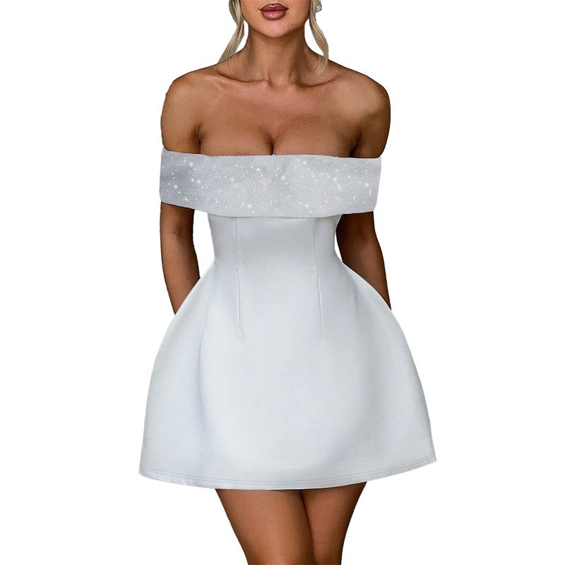 Off-Shoulder Women's Fashion 2025 Autumn New Sexy Slim Fit Shimmer Strapless A-Line Short Dress_voghion.com