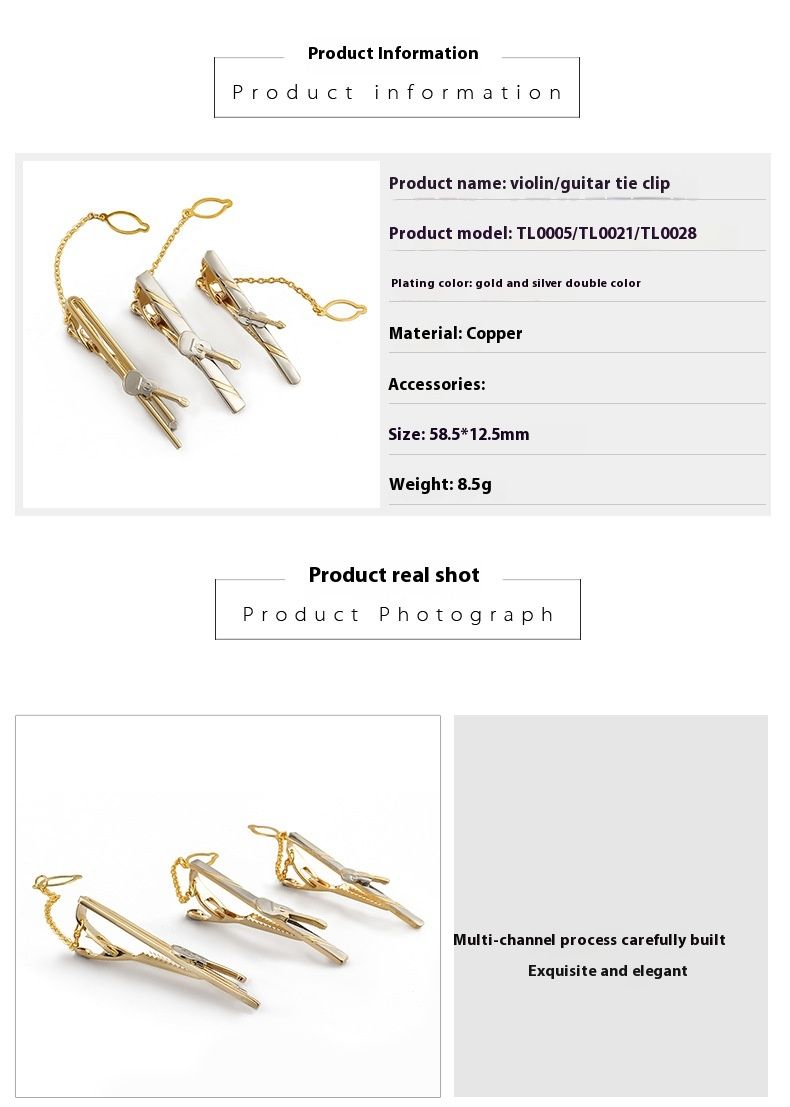 Neue galvanisierte Gold- und Silber-Zweifarben-Krawattenklammer aus Kupfer mit Musikinstrument, Violine, Gitarre, für Geschäftsleute, modische und lässige Kragenklammer_voghion.com