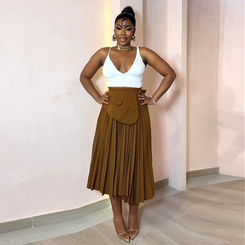 Women's Clothing summer new solid color pleated A line half length high waist pleated skirt_voghion.com