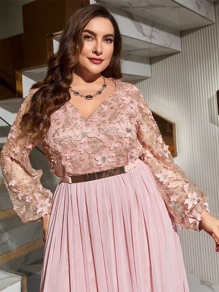 Damen-Maxikleid aus Chiffon mit V-Ausschnitt und Blumenstickerei in Übergröße – A-Linie, hohe Taille, formelles Brautjungfernkleid mit Laternenärmeln (Hellrosa)_voghion.com