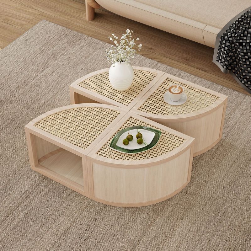 Round To Square Block Modular Coffee Table Light Natural Rattan With Storage 4 Piece_voghion.com