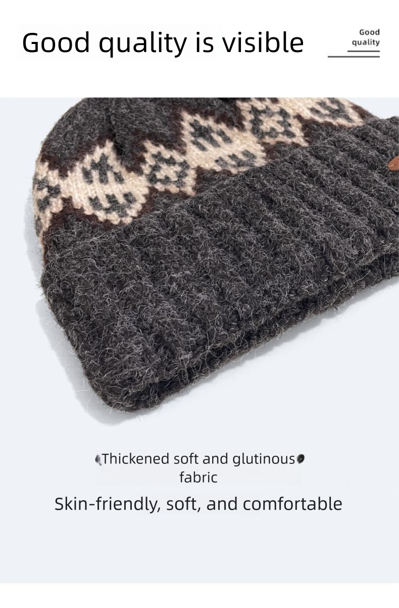 Fleece-Lined Knitted For Men Fair Isle Knit Head Wrap Black Cold Autumn Winter Men's Wool Hat_voghion.com
