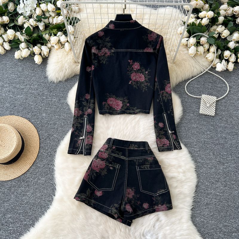 Women's Clothing Retro Style Printed Two-piece Women's All-match Slim-fit Long-sleeved Jacket Denim Coat Wide-leg Culottes_voghion.com