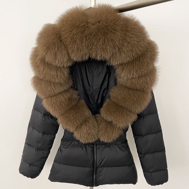 Luxury Faux Fur Trim Hooded Down Jacket For Women, Slim Fit Waist Belt, Warm Winter Coat With Detachable Fox Fur Collar, Polyester Shell_voghion.com