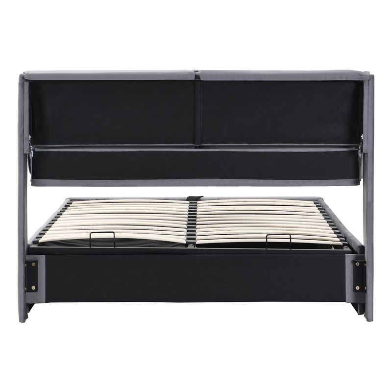 Cadre de lit coffre hydraulique rembourré en velours avec 3 tiroirs, sommier à lattes, tête de lit, 140 x 200 cm, gris, matelas non inclus_voghion.com