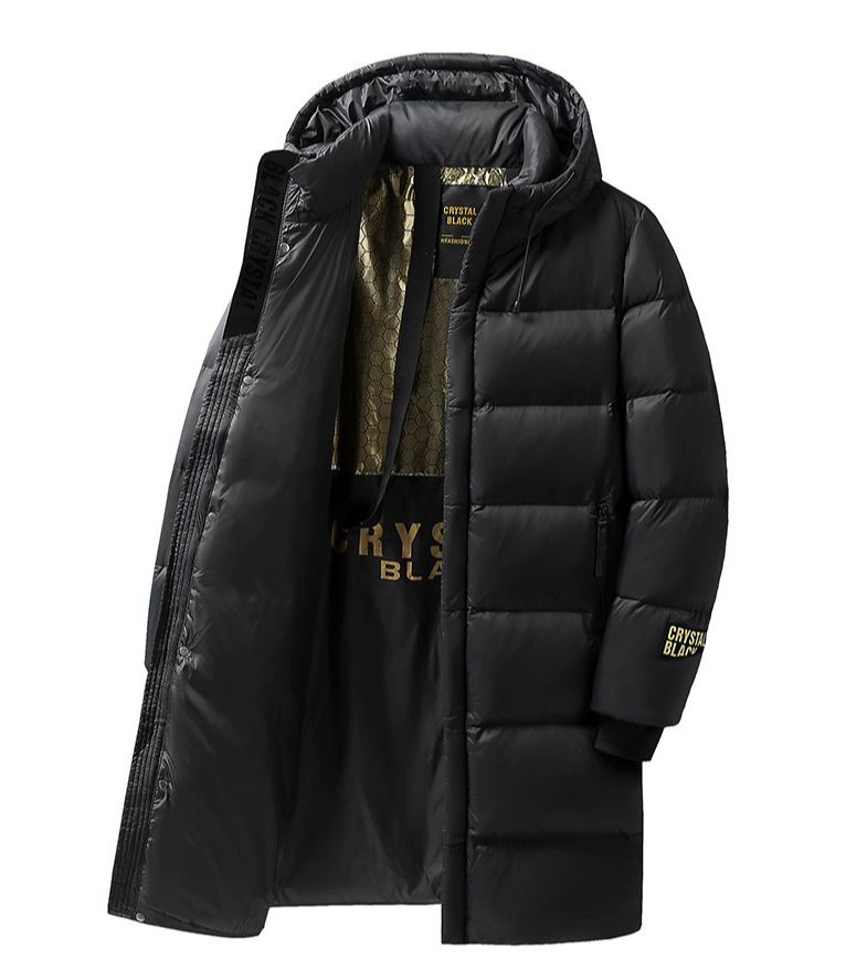 Giacca invernale con cappuccio lunga in piumino nero e oro per uomo e donna, cappotto con cappuccio in piumino d'anatra bianco alla moda_voghion.com