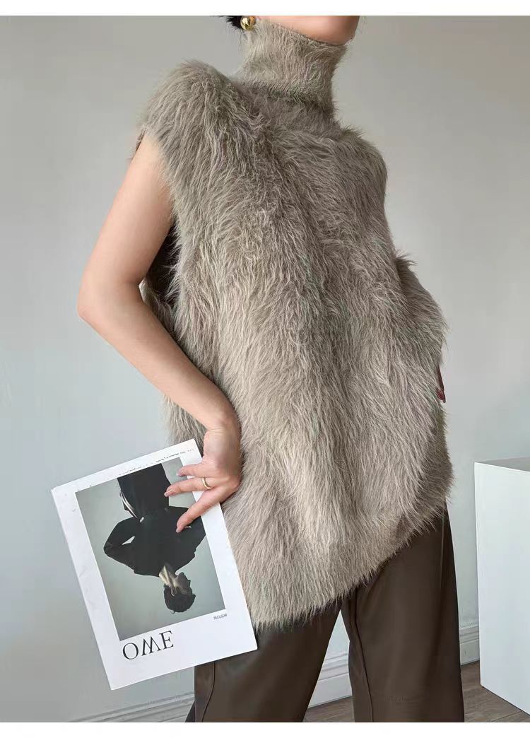 Cardigan lungo senza maniche da donna in finto visone con collo alto e maglia a strati - Top tunica casual oversize per autunno inverno_voghion.com