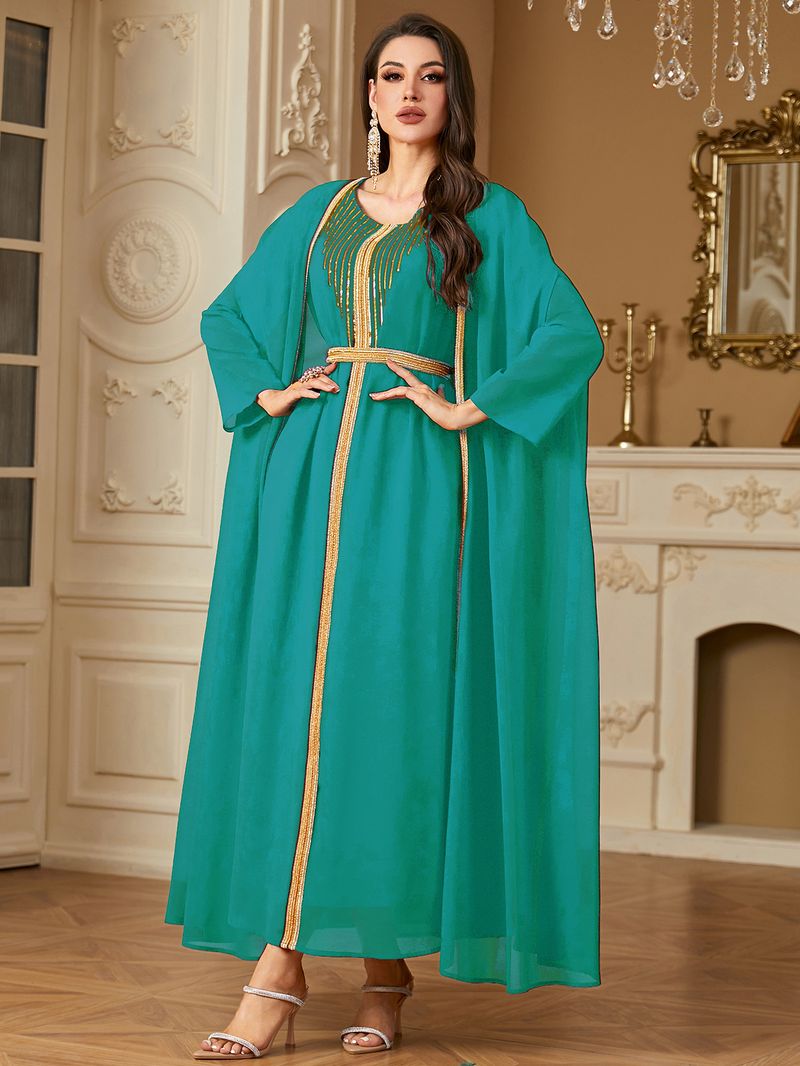 Vêtements pour femmes transfrontaliers du Moyen-Orient Robe arabe Mode paillettes broderie mousseline de soie deux pièces robe Europe et Amérique_voghion.com
