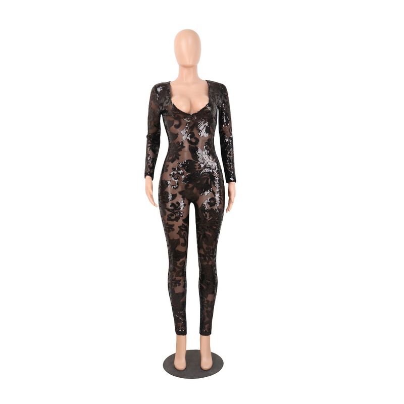 Eng anliegender, mit Perlen besetzter, durchsichtiger Nachtclub-Jumpsuit mit tiefem V-Ausschnitt für Damen_voghion.com