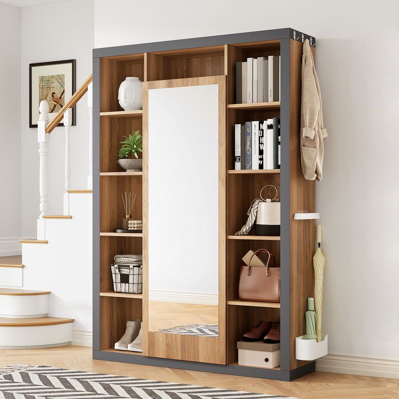 Garderobengestell Mit Spiegel, Multifunktional, Mit Regal, Haken Und Kleiderbügeln_voghion.com