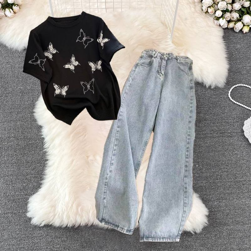 Women's Nail Bead Butterfly Knitted T-shirt High Waist Wide Leg Pants Cowboy Two Piece Set_voghion.com