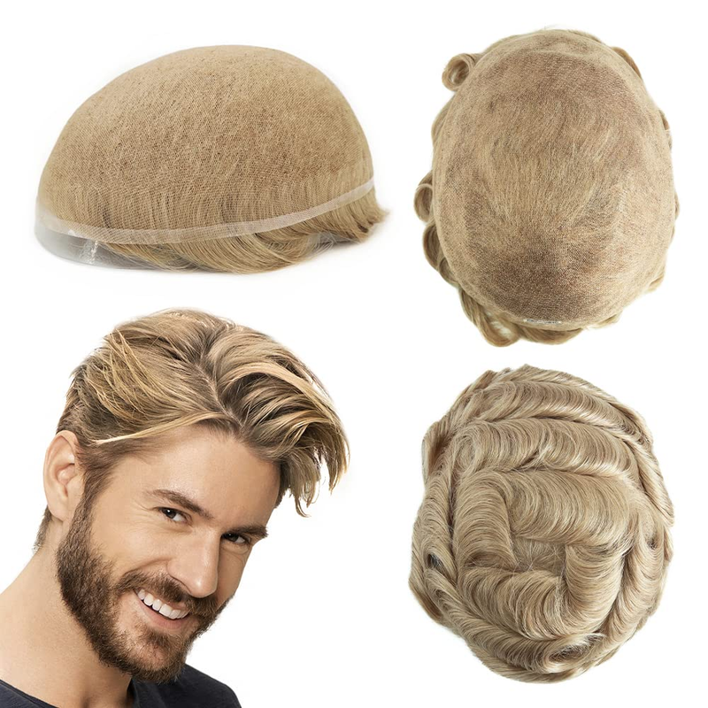 Französisches Spitzen-Toupet für Männer, 100 % Echthaar-Ersatzsystem, natürlicher Haaransatz, Haarteile, echte Herrenperücke, hellblond, Farbe #22R_voghion.com