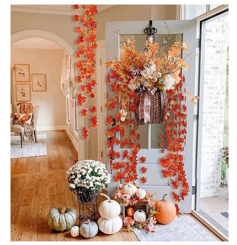 Ghirlanda di foglie d'acero autunnali, set da 12 - Decorazione autunnale artificiale con rami di vite per il Ringraziamento, matrimoni e decorazioni per la casa._voghion.com