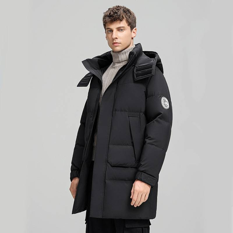 Giacca con cappuccio in piumino per uomo, per temperature estremamente fredde, parka antivento in piuma d'anatra bianca al 90% con design anti-perdita (M-4XL, nero/bianco)_voghion.com