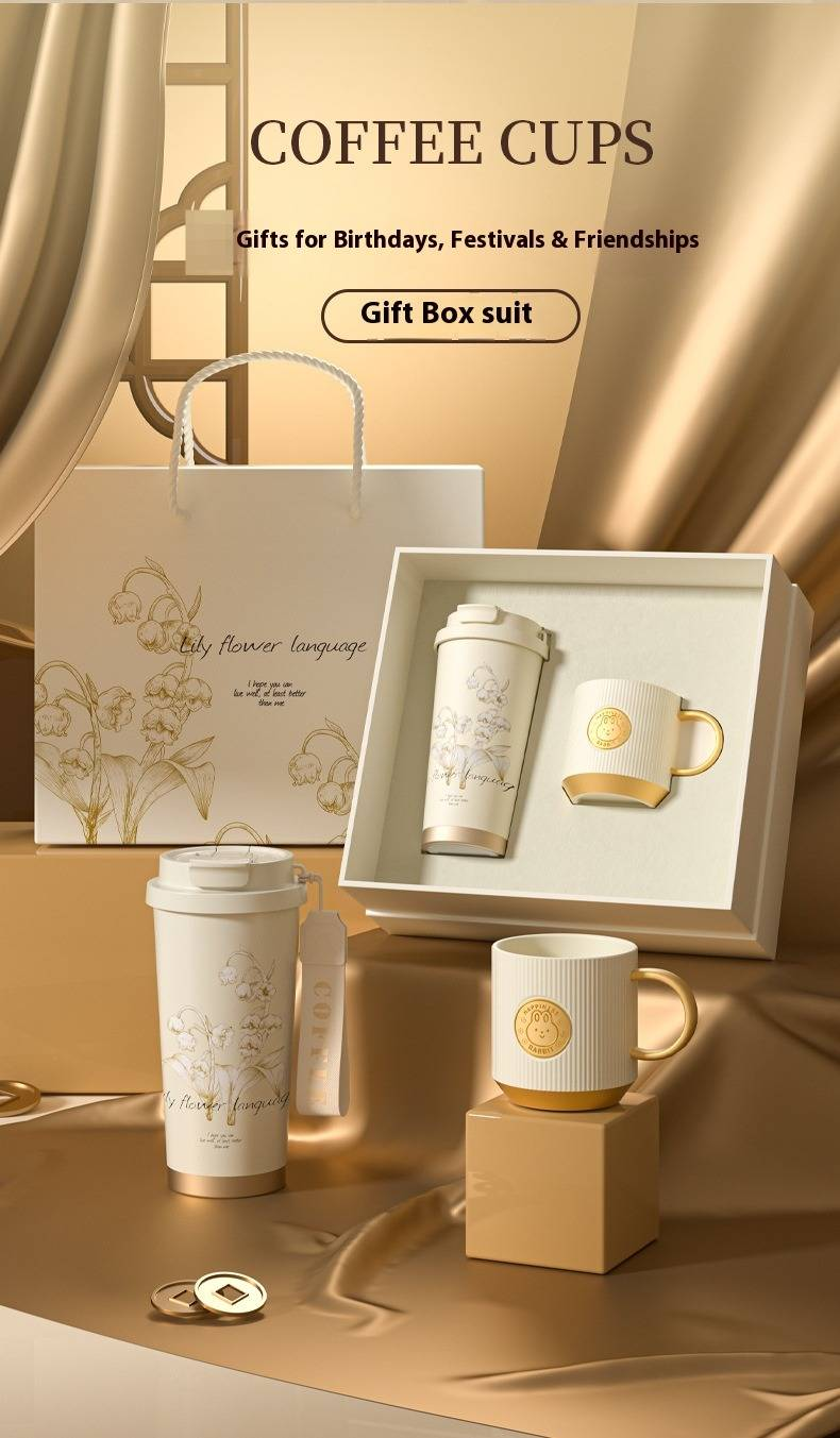 Set regalo per caffè Lily Of The Valley - Elegante bicchiere da viaggio in ceramica e acciaio inossidabile con cucchiaino (530 ml, tazza da ufficio e da auto, a prova di perdite, confezione regalo)_voghion.com