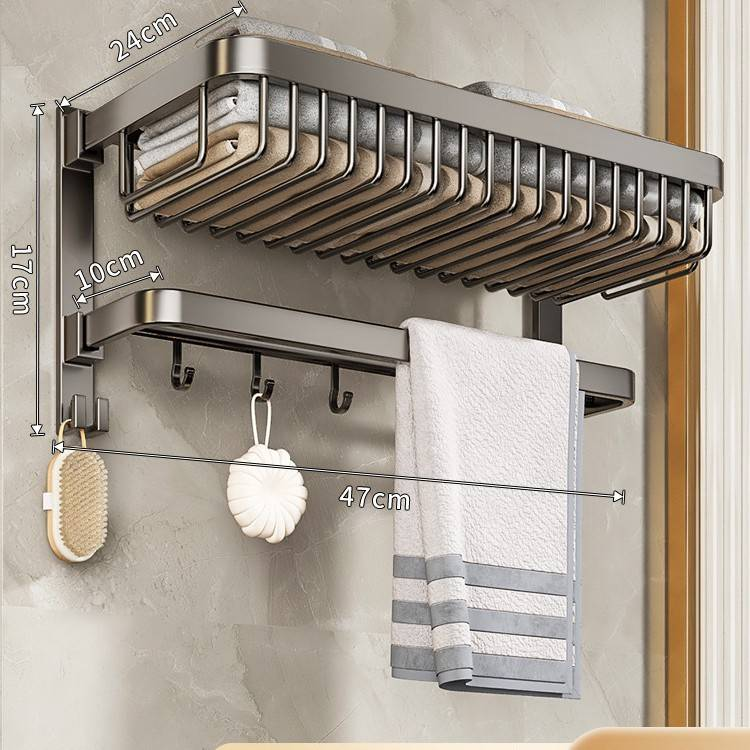 Badkamer handdoekrekset van gunmetal - ruimtebesparende opvouwbare plank met hoekmand en toiletborstelhouder - installatie zonder boren_voghion.com