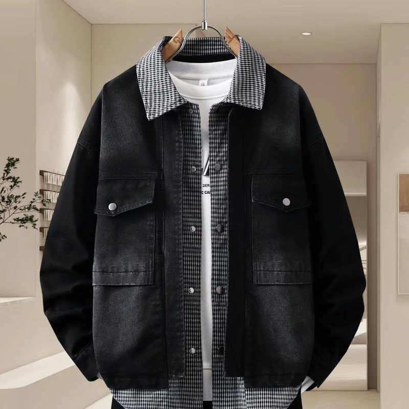 Giacca da uomo in misto denim e cotone – Design con pannelli a contrasto di ispirazione coreana, colletto con cerniera slim fit (abbigliamento casual da strada, essenziale per primavera/autunno)_voghion.com