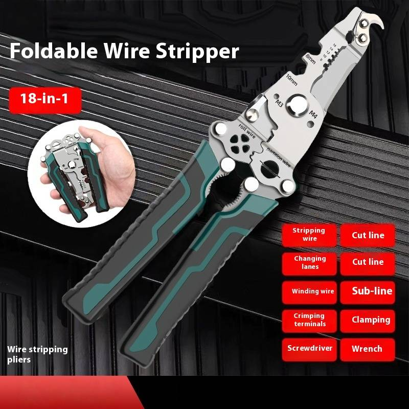 Professional Electrician Wire Cutter Stripper With Foldable Design, Carbon Steel Blade, Multi-Function Pliers For Cable Stripping And Crimping_voghion.com