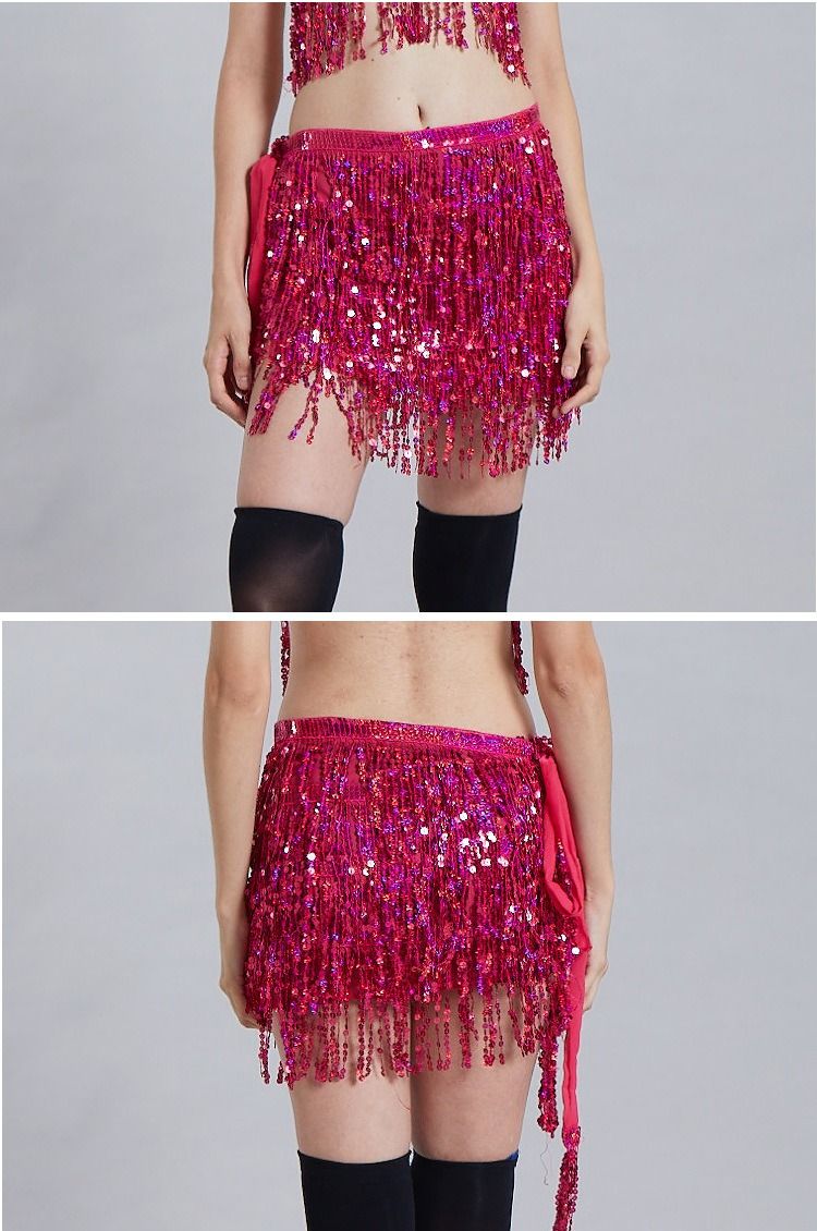 Chaîne de taille pour danse du ventre d'Halloween, serviette de hanche indienne, serviette de hanche à franges à paillettes bohème, costume de scène DS Performance_voghion.com