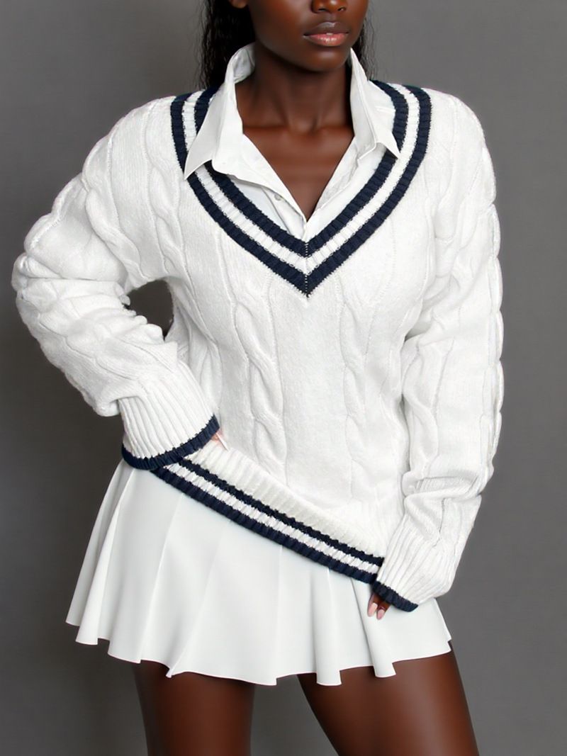 Maglione lavorato a maglia con scollo a V in stile preppy - Classico pullover con punto a trecce per donna Maglione con scollo a V in stile college Abbigliamento da donna Maglioni lavorati a maglia Top_voghion.com