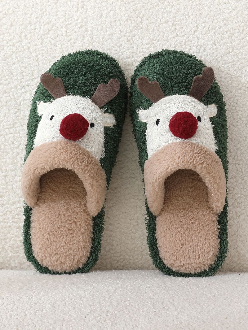 Süße Weihnachts-Rentier-Baumwoll-Hausschuhe für Frauen, Wintermode-Hausschuhe, rutschfeste Paar-Hausschuhe_voghion.com