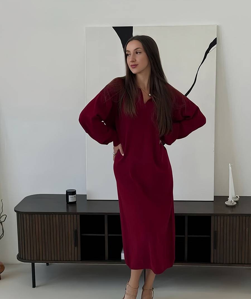 Abito in maglia di ispirazione vintage - Abito a maniche lunghe con collo a forbice per autunno e inverno_voghion.com