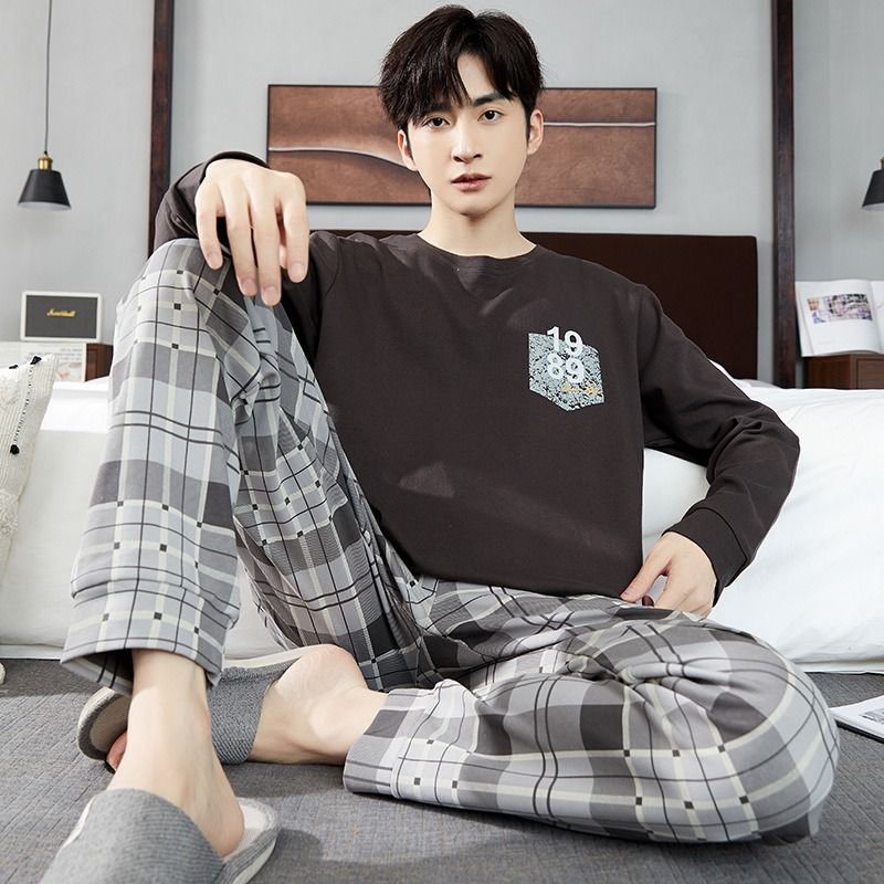 Pajamas Men In Autumn, Cotton Pullover, Long Sleeved, Loose Fit, Plus Size, Men's Home Suit For Autumn_voghion.com