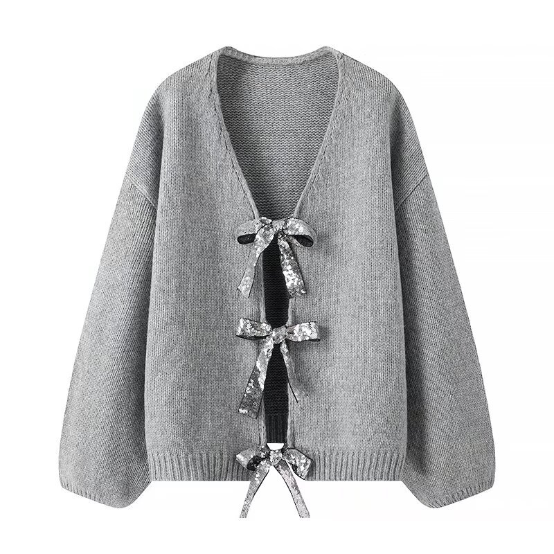Cardigan en tricot ample à paillettes, deux couleurs, avec nœud de personnalité décoré, à la mode pour femmes_voghion.com