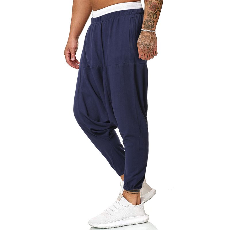 Man's Spring and Autumn fFashion Cotton and Linen Loose Cross-gear Pants Solid Color Beamed Feet Nine-point Pants_voghion.com