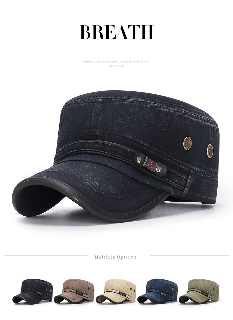 D & T-Sombrero a la moda para hombre y mujer, gorra Unisex con borde de cuero plano, sombrero militar Retro descolorido, sombrero de algodón flameado ajustable, novedad de 2021_voghion.com