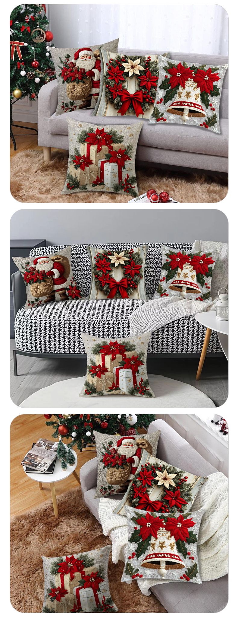 Federa per cuscino natalizia in lino corto, in peluche, con ghirlanda di fiori e campanelle di Babbo Natale, decorazione per divano_voghion.com