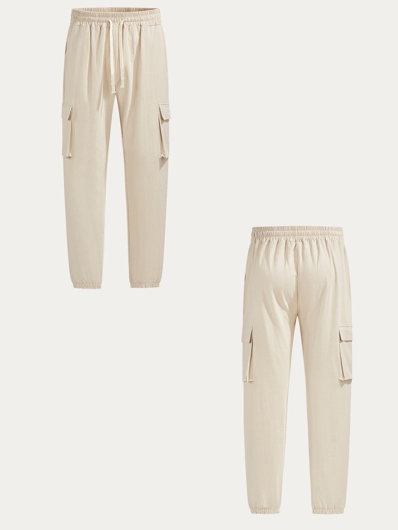 Four Seasons Cotton And Linen Casual Cuffs Multi Pocket Drawstring Solid Color Loose Large Size Trousers_voghion.com