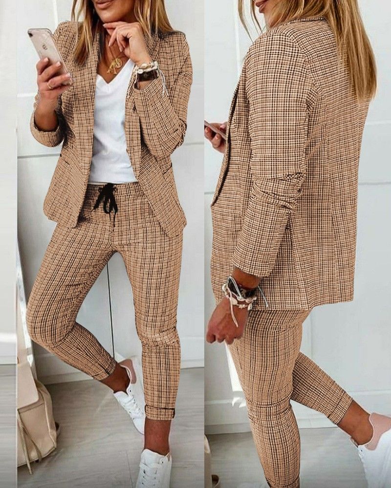 Zweiteilige Sets Damen-Hosenset mit Karomuster, Blazer und Mäntel mit langen Ärmeln, offener Stich, Slim Fit, solide lange Hosen, Splice, Bürodamen_voghion.com