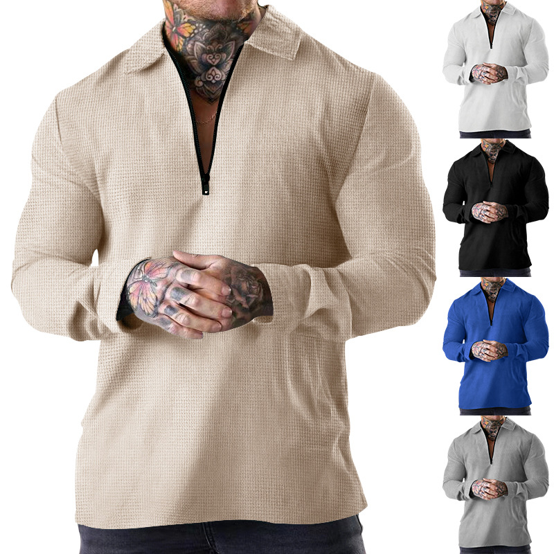 Herrkläder Heavy Waffle pikétröja med lapel långärmad fritids T-shirt_voghion.com