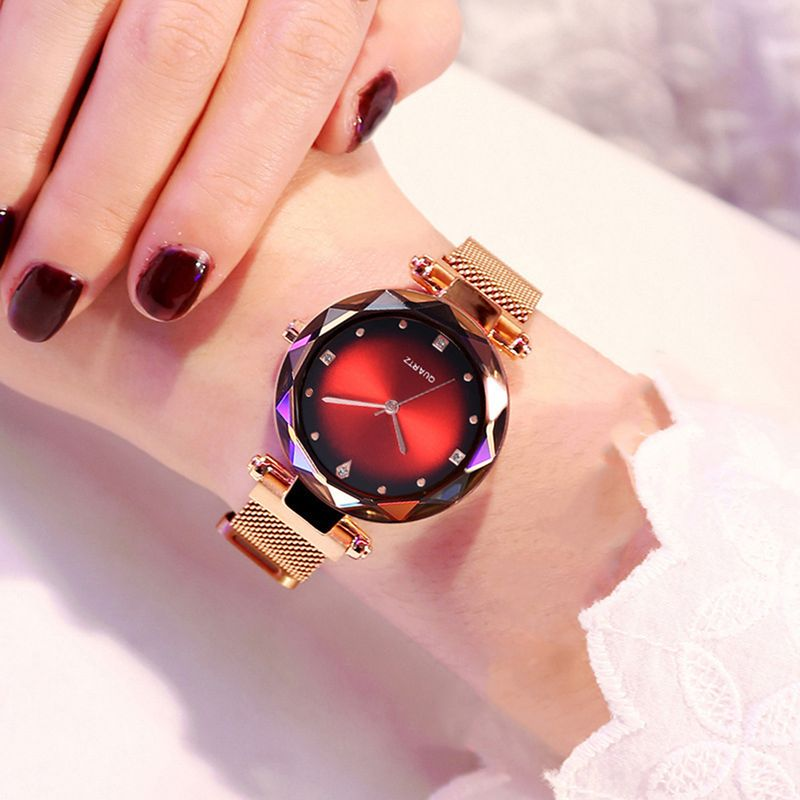 Yamaler Women Starry Sky Cut Dial Rhinestone Index Magnet Band Analog Quartz Wrist Watch_voghion.com
