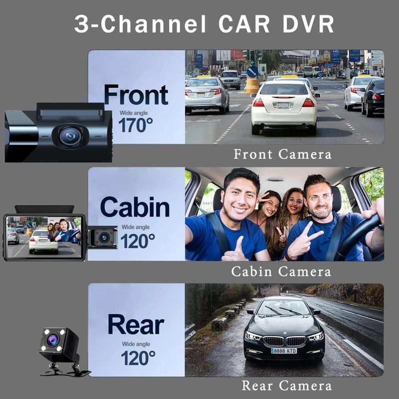Enregistreur de conduite HD 1080P avec WiFi avec affichage trois enregistrements trois objectifs image de recul avant de voiture arrière_voghion.com