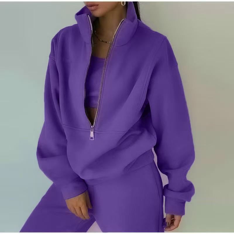 Treten Sie ein in Mode, Freizeit, Sport, Zuhause, lockerer, bequemer Reißverschluss, Fleece, gestrickter Hoodie und Hose, zweiteiliger Damenpullover_voghion.com
