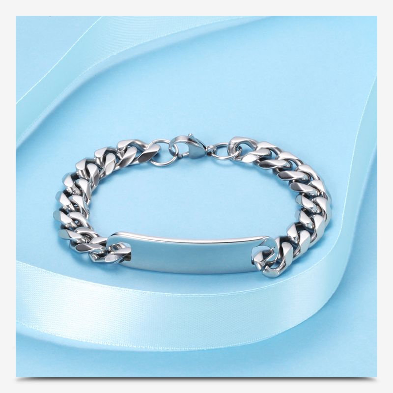 Modieuze brede schakelkettingarmband met glanzende lange smalle tag-bedel van roestvrij staal voor heren_voghion.com