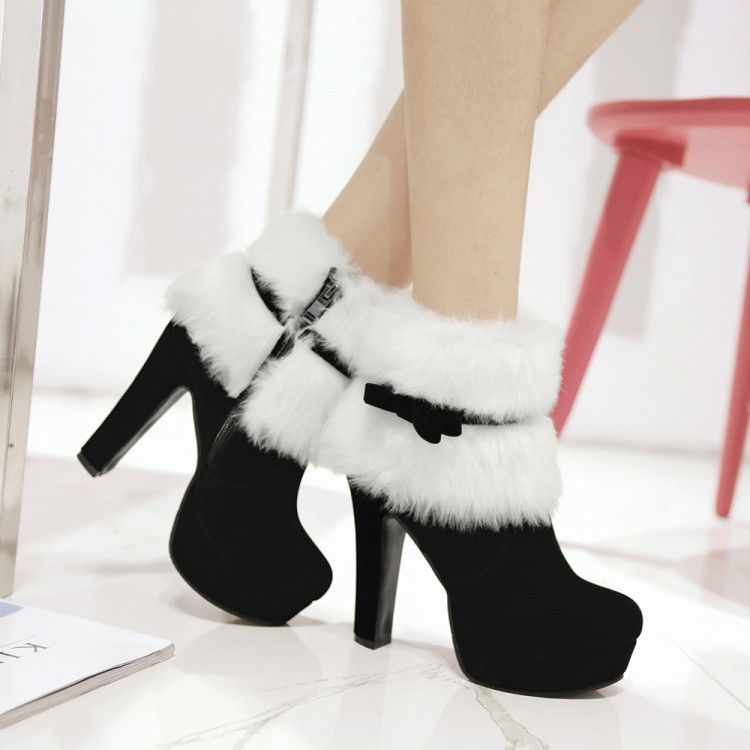 2025 Winter New Suede Coarse Heel Fashion Boots With Hairy Mouth Bow Side Zipper Waterproof Platform Short Boots For Women_voghion.com